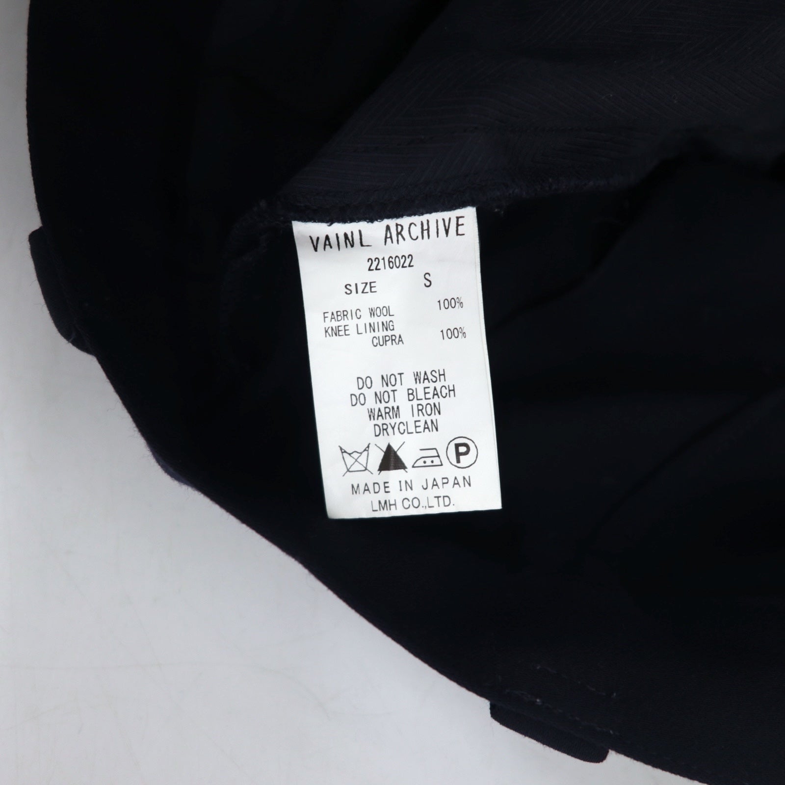 VAINL ARCHIVE Pantaloni a gamba larga con pinces, taglia S, blu navy, in lana, modello 2216022, Made in Japan