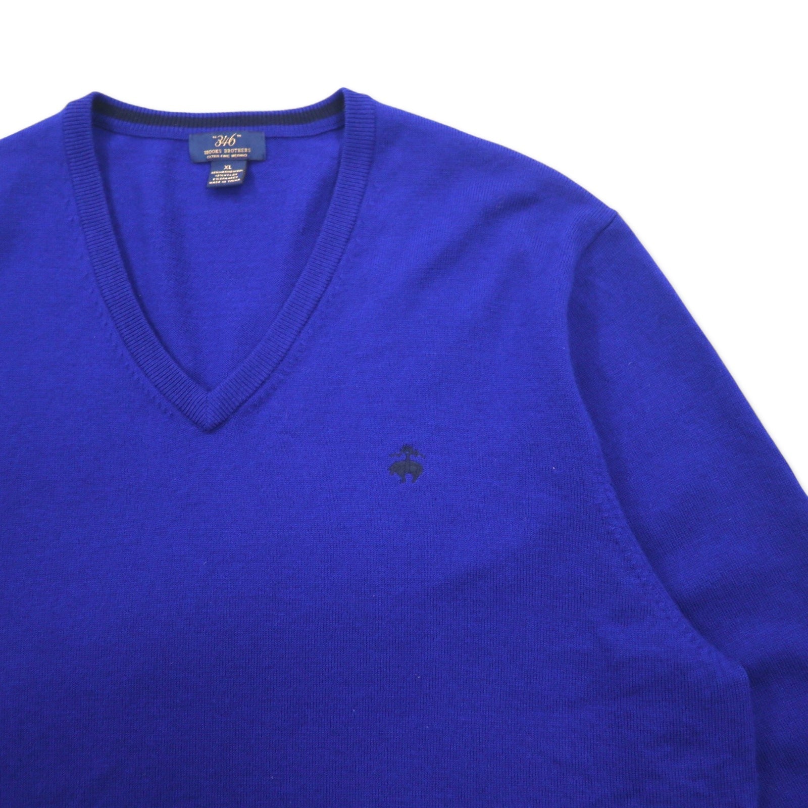 346 BROOKS BROTHERS Maglione in lana merino scollo a V XL Blu Lana Logo ricamato EXTRA FINE MERINO WOOL