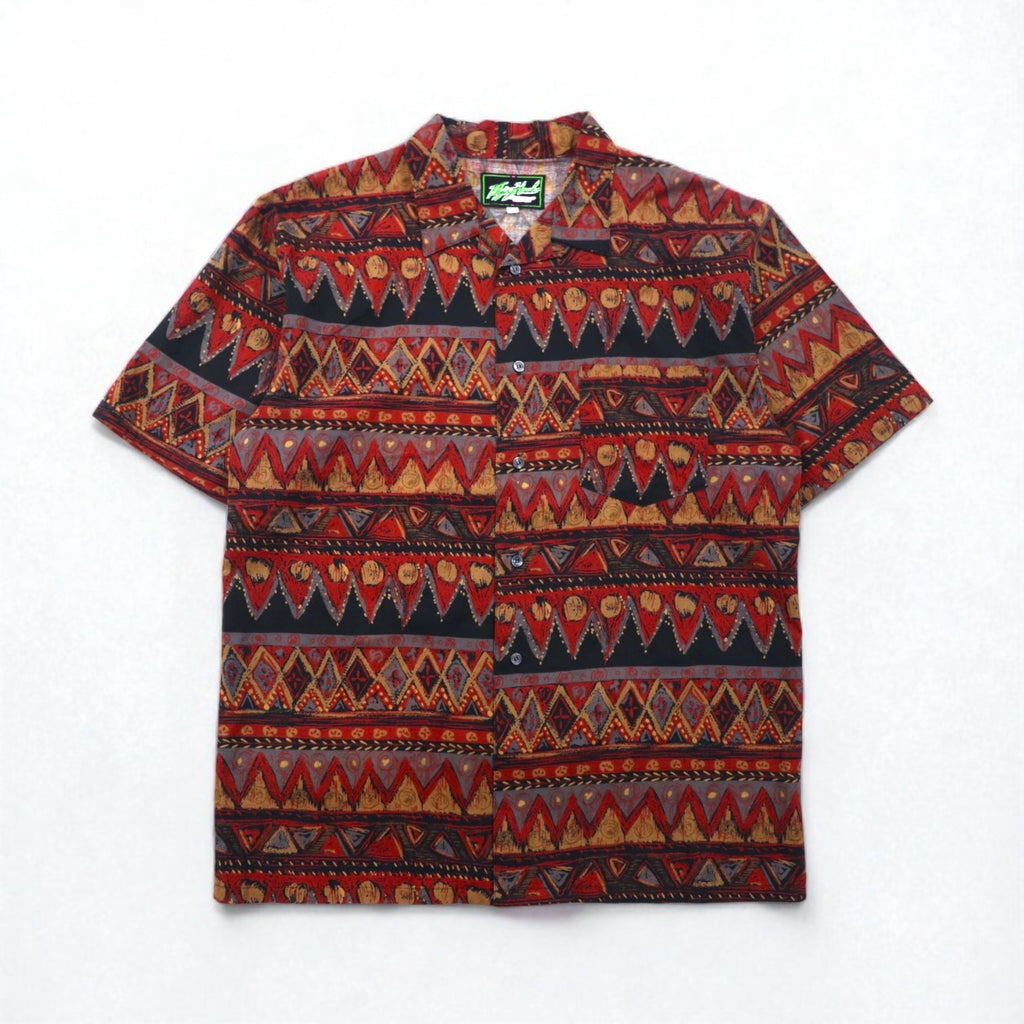 Camicia Flying Hawk anni '90 a maniche corte, vestibilità ampia, colletto aperto, taglia L, fantasia multicolore all-over, made in Japan.