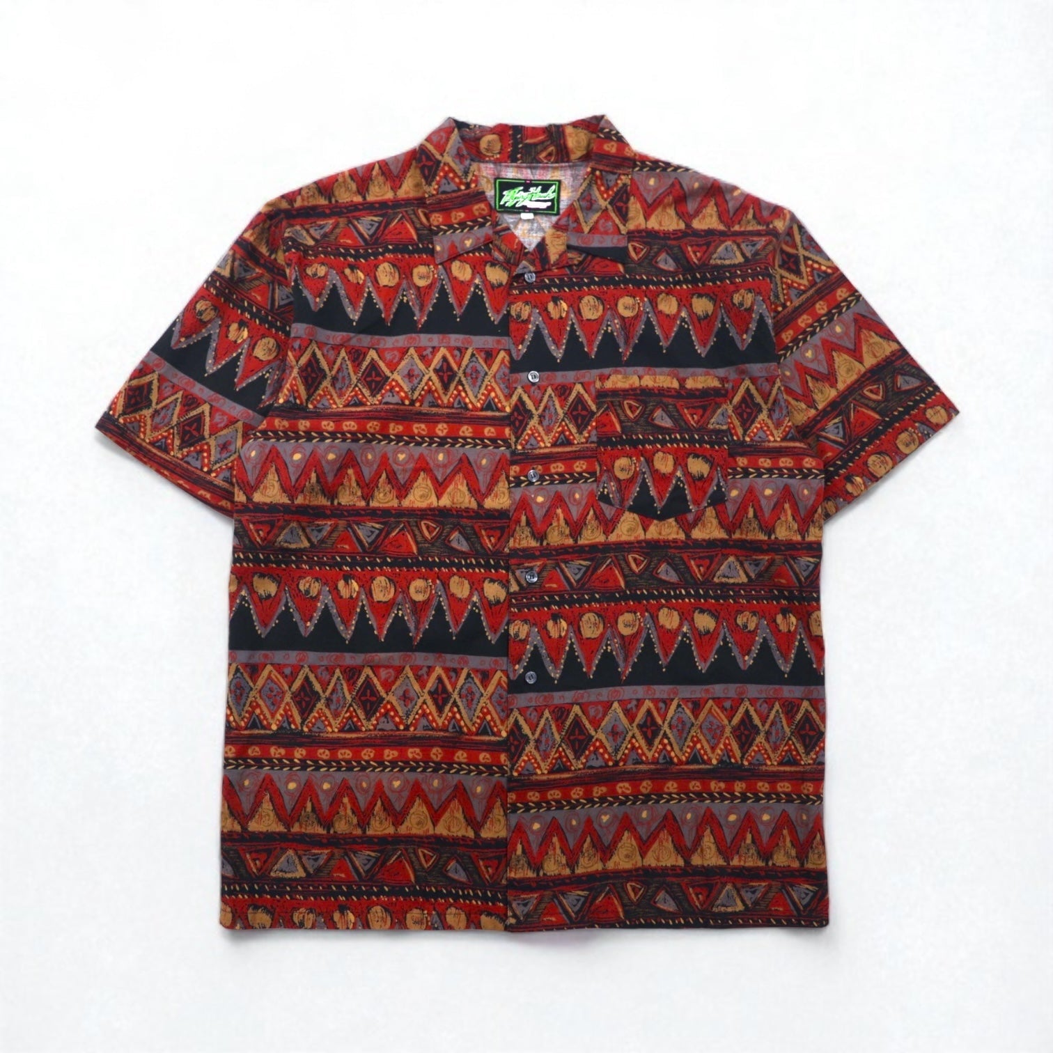 Camicia Flying Hawk anni '90 a maniche corte, vestibilità ampia, colletto aperto, taglia L, fantasia multicolore all-over, made in Japan.