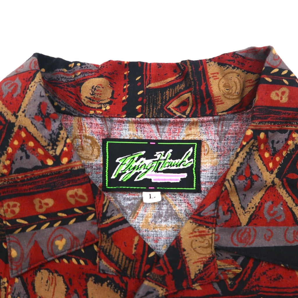 Camicia Flying Hawk anni '90 a maniche corte, vestibilità ampia, colletto aperto, taglia L, fantasia multicolore all-over, made in Japan.