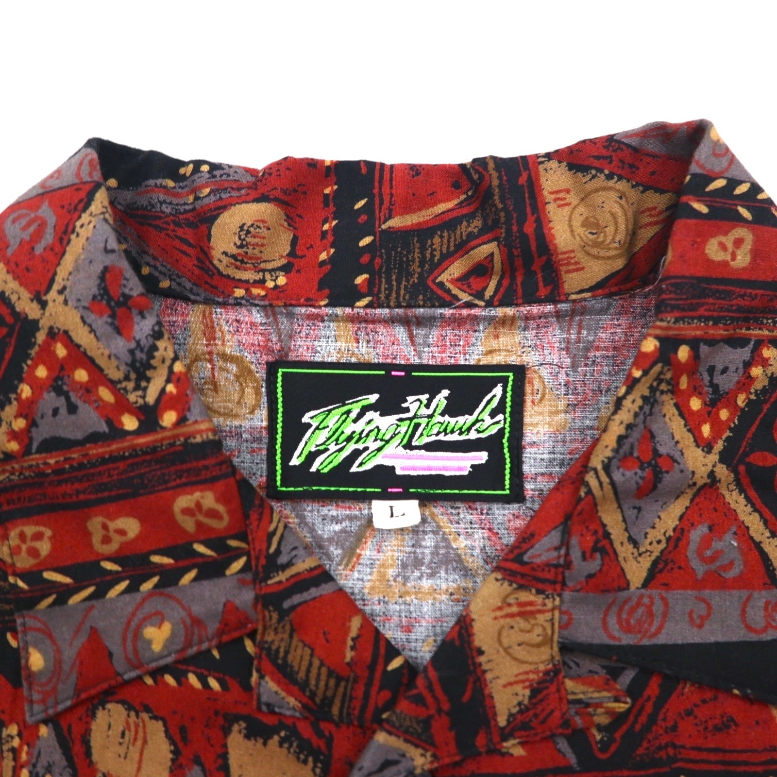 Camicia Flying Hawk anni '90 a maniche corte, vestibilità ampia, colletto aperto, taglia L, fantasia multicolore all-over, made in Japan.