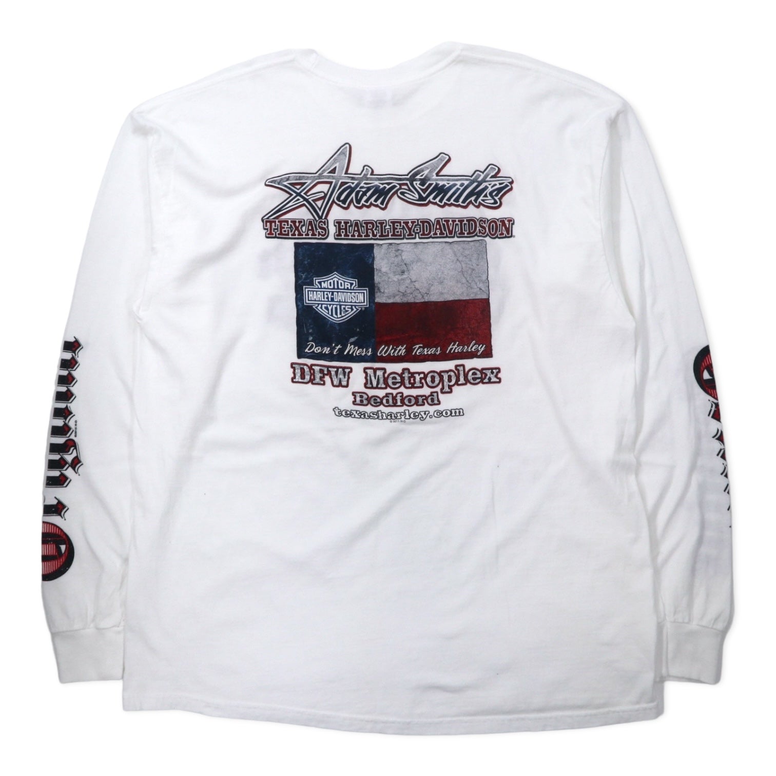 HARLEY DAVIDSON T-shirt a maniche lunghe con stampa logo, manica lunga, XXL, bianco, cotone, stampa fronte/retro, logo sulle maniche, DFW Metroplex Bedford, taglia grande, Made in Mexico