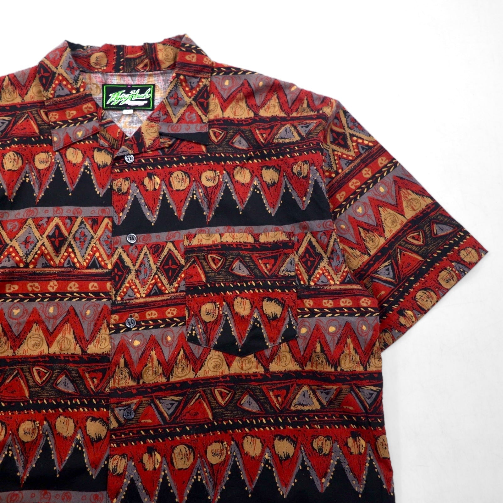 Camicia Flying Hawk anni '90 a maniche corte, vestibilità ampia, colletto aperto, taglia L, fantasia multicolore all-over, made in Japan.