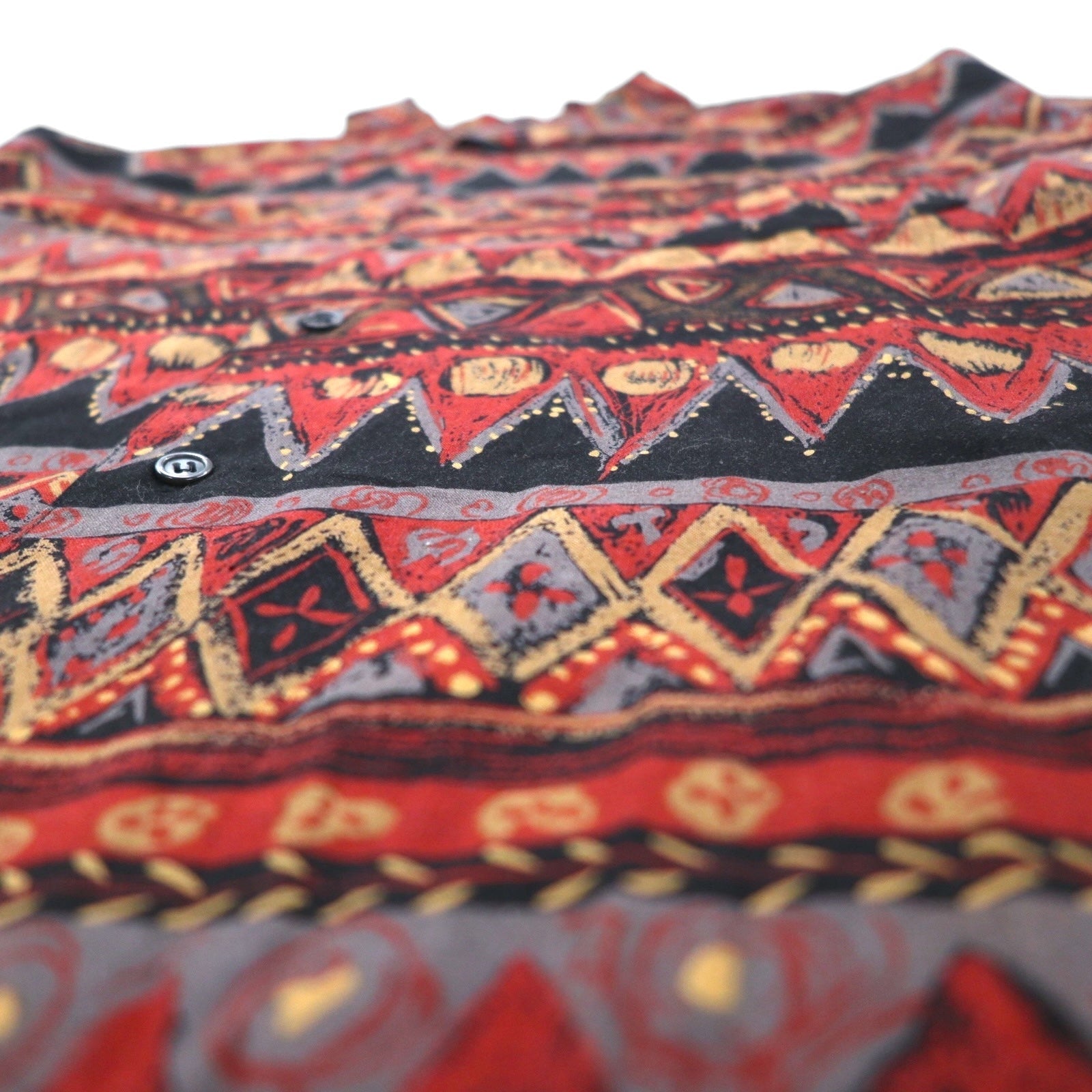 Camicia Flying Hawk anni '90 a maniche corte, vestibilità ampia, colletto aperto, taglia L, fantasia multicolore all-over, made in Japan.