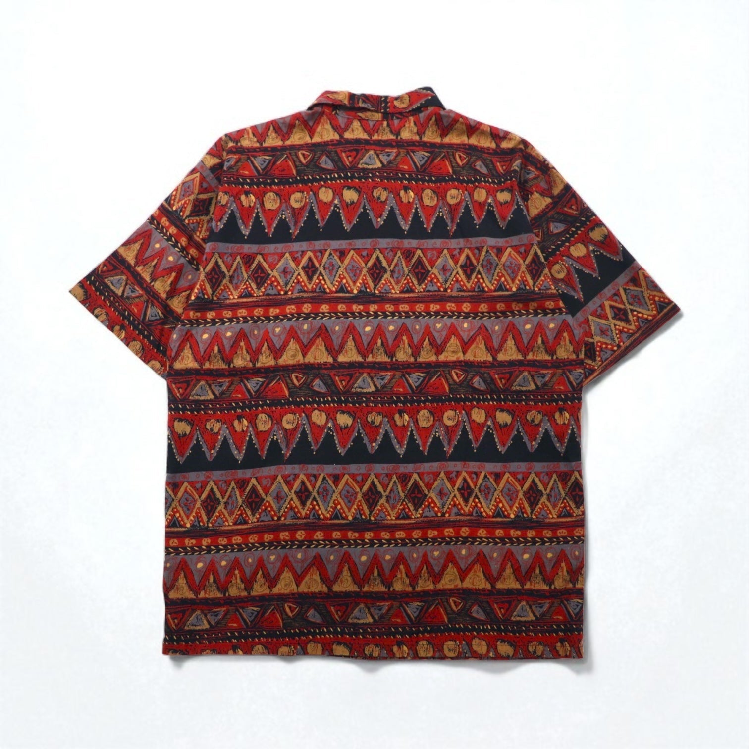 Camicia Flying Hawk anni '90 a maniche corte, vestibilità ampia, colletto aperto, taglia L, fantasia multicolore all-over, made in Japan.