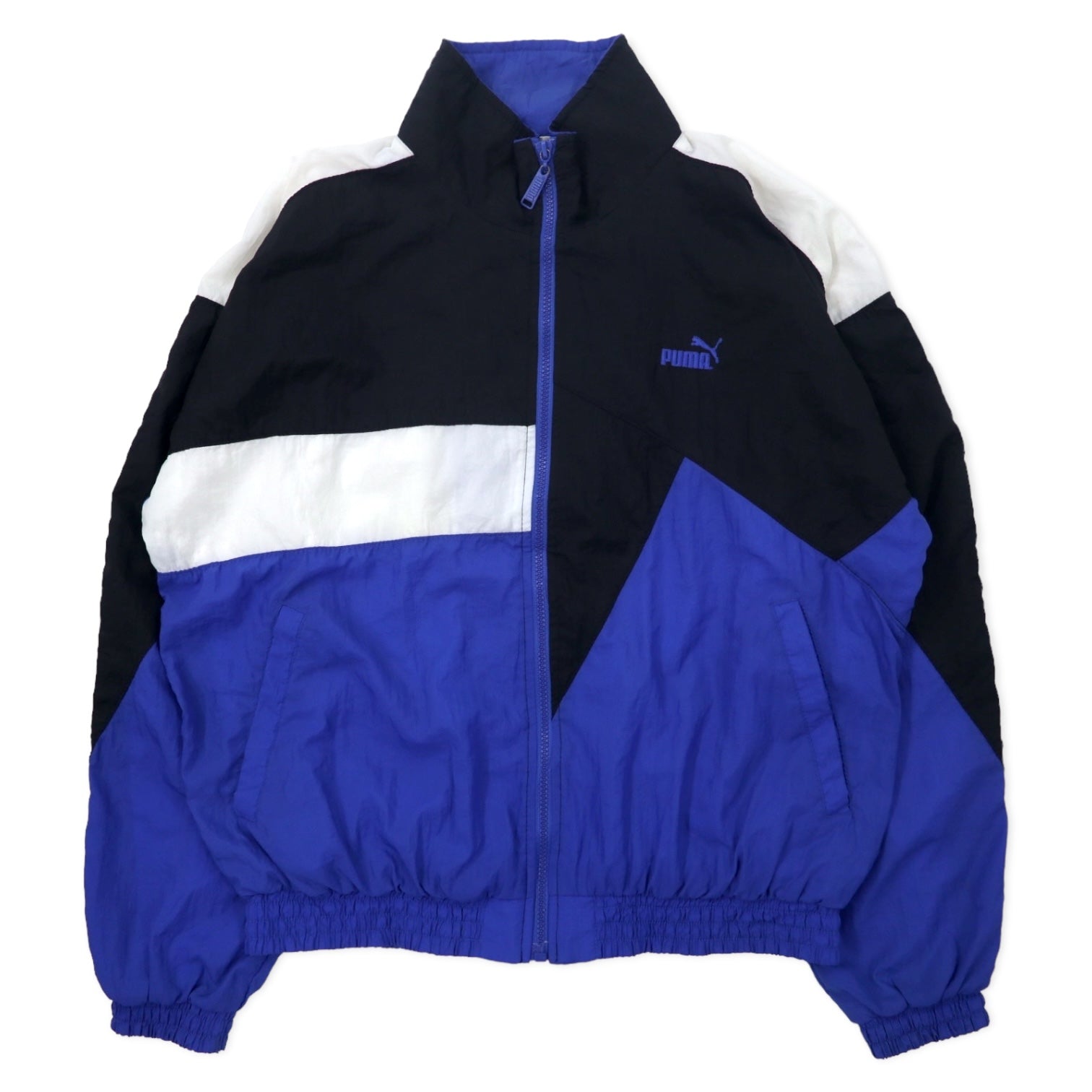 PUMA Giacca in nylon anni '90, taglia S, blu, fantasia color block, ricamo logo piccolo