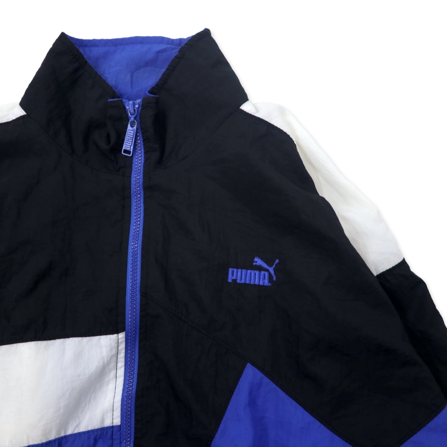 PUMA Giacca in nylon anni '90, taglia S, blu, fantasia color block, ricamo logo piccolo