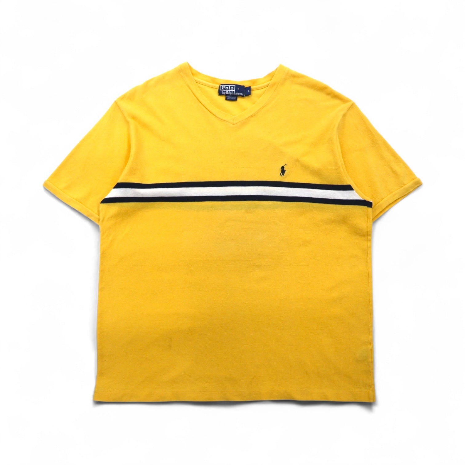 Polo by Ralph Lauren 90年代 ラインデザイン Vネック 鹿の子 Tシャツ L イエロー コットン スモールポニー刺繍