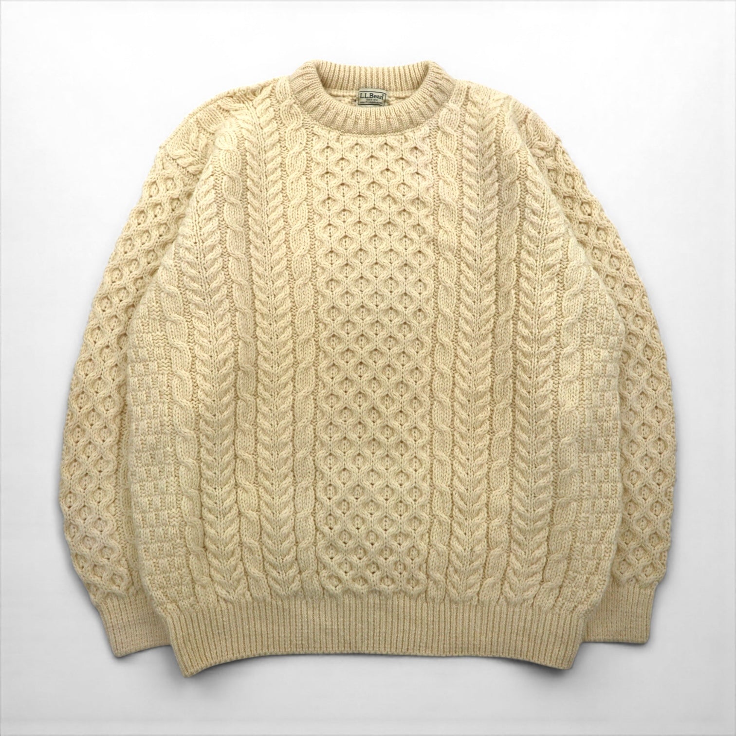 L.L.Bean 90年代 フィッシャーマン アラン ニット セーター XL 生成り ウール アイルランド製