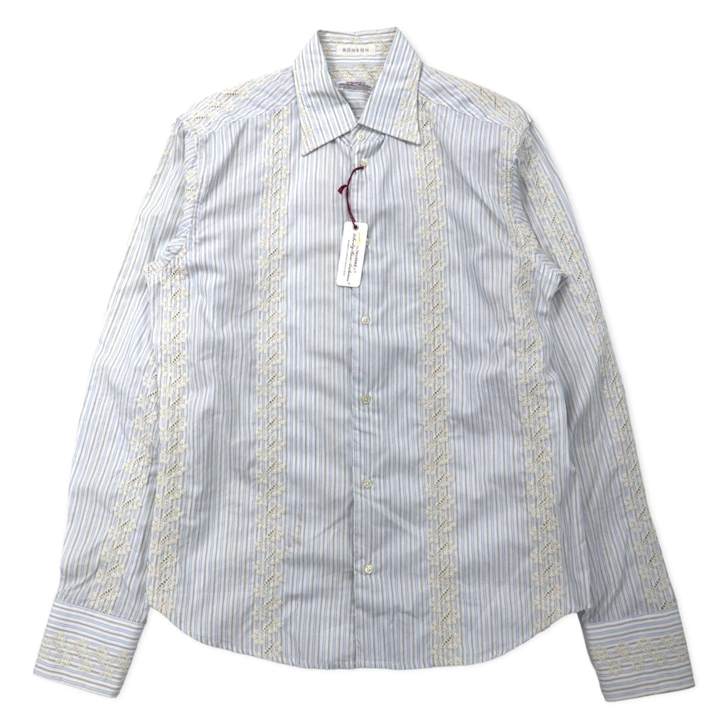 RONSON Camicia elegante ricamata a fiori 41 bianca a righe in cotone, made in Italy, nuova con etichette