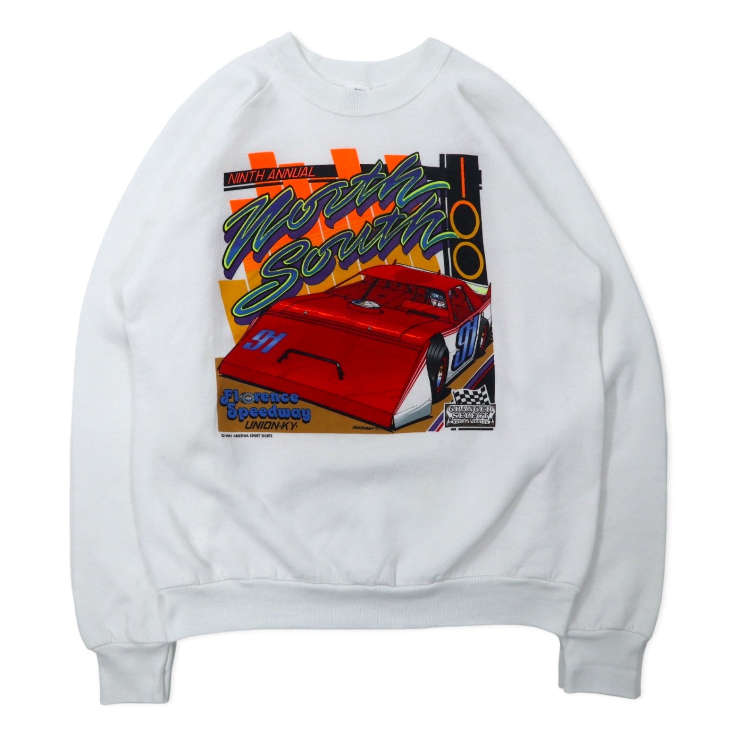 FRUIT OF THE LOOM USA 90s Auto da corsa Stampa Felpa L Bianco Cotone Interno garzato ARIZONA SPORT SHIRTS