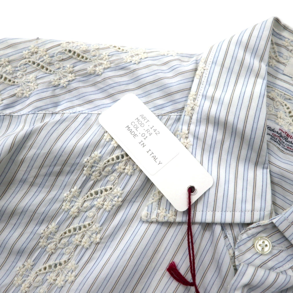 RONSON Camicia elegante ricamata a fiori 41 bianca a righe in cotone, made in Italy, nuova con etichette