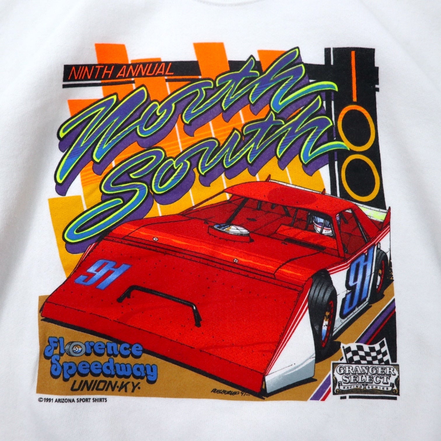FRUIT OF THE LOOM USA 90s Auto da corsa Stampa Felpa L Bianco Cotone Interno garzato ARIZONA SPORT SHIRTS