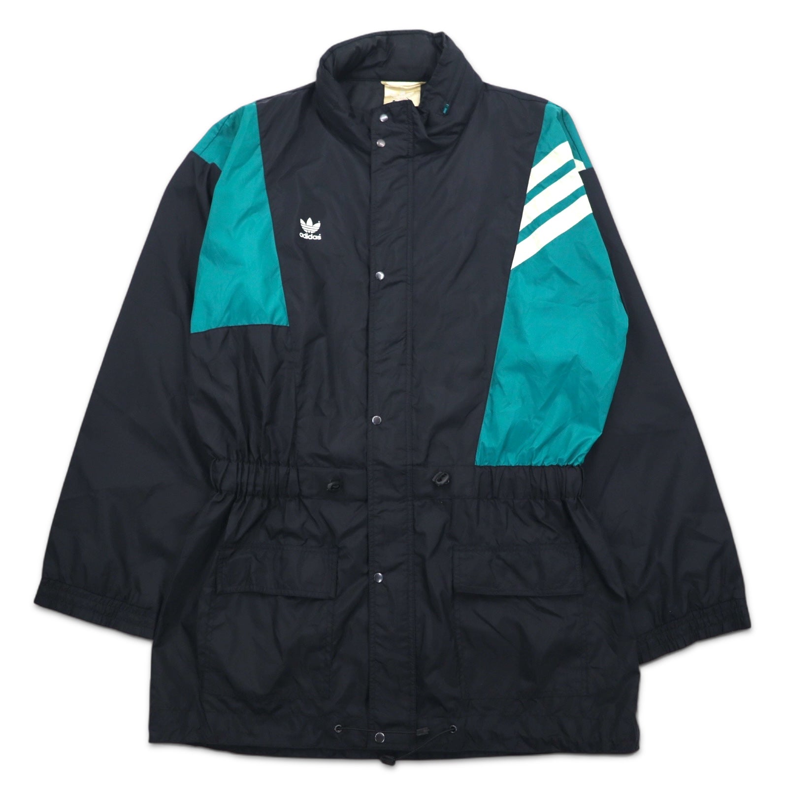 Giacca in nylon Adidas anni '90, taglia XL, colore nero, logo Trifoglio in nylon, coulisse, cappuccio ripiegabile, etichetta argentata