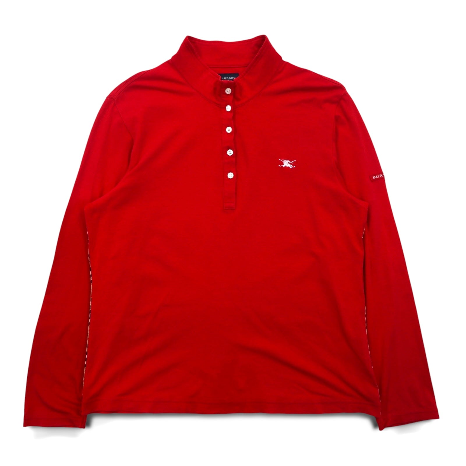 BURBERRY GOLF T-shirt a maniche lunghe con colletto alto e mezza abbottonatura, taglia LL, rossa, in cotone elasticizzato, made in Japan