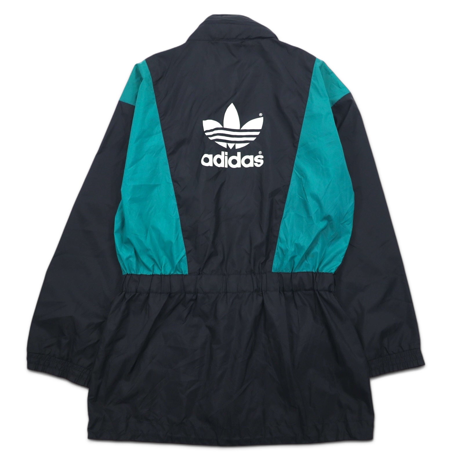 Giacca in nylon Adidas anni '90, taglia XL, colore nero, logo Trifoglio in nylon, coulisse, cappuccio ripiegabile, etichetta argentata