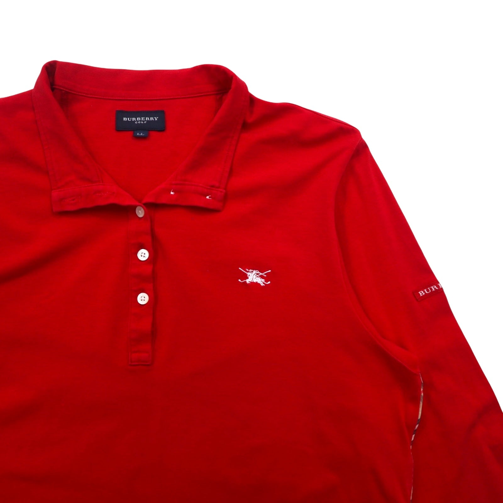 BURBERRY GOLF T-shirt a maniche lunghe con colletto alto e mezza abbottonatura, taglia LL, rossa, in cotone elasticizzato, made in Japan