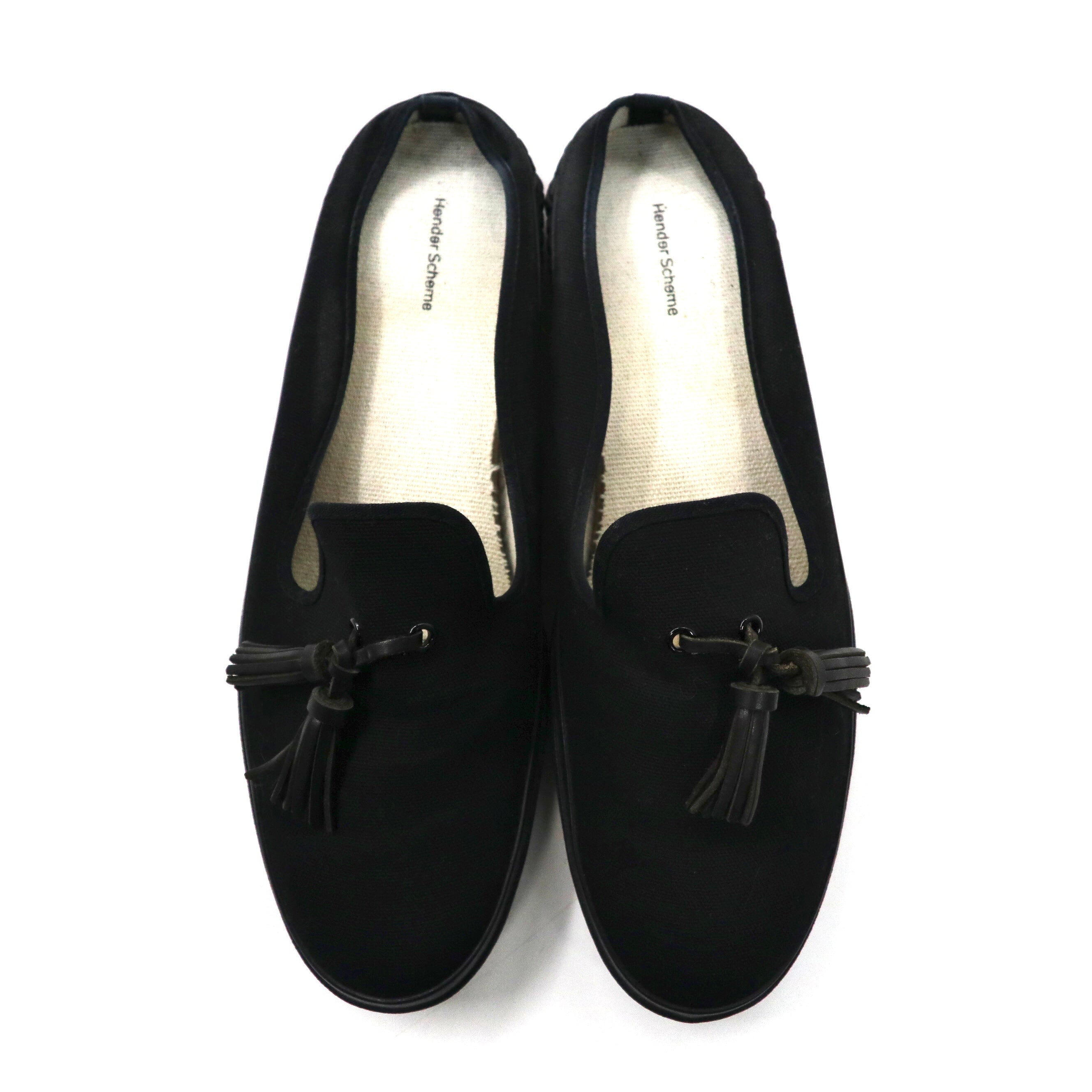 Hender Scheme タッセルローファー ミュール 27.5-28cm ブラック キャンバス PARALLEL / PEAK with tassels 8AHR 日本製