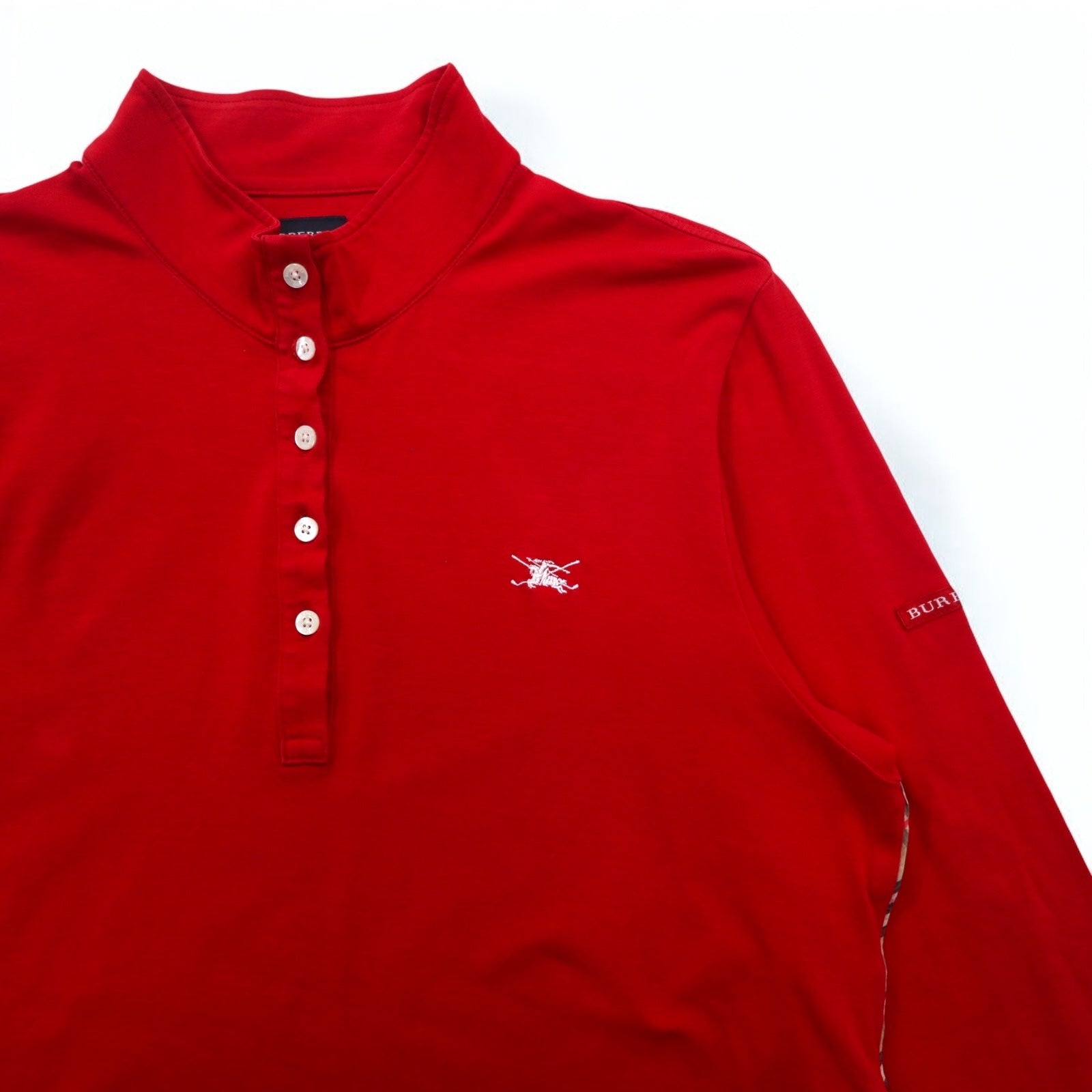 BURBERRY GOLF T-shirt a maniche lunghe con colletto alto e mezza abbottonatura, taglia LL, rossa, in cotone elasticizzato, made in Japan