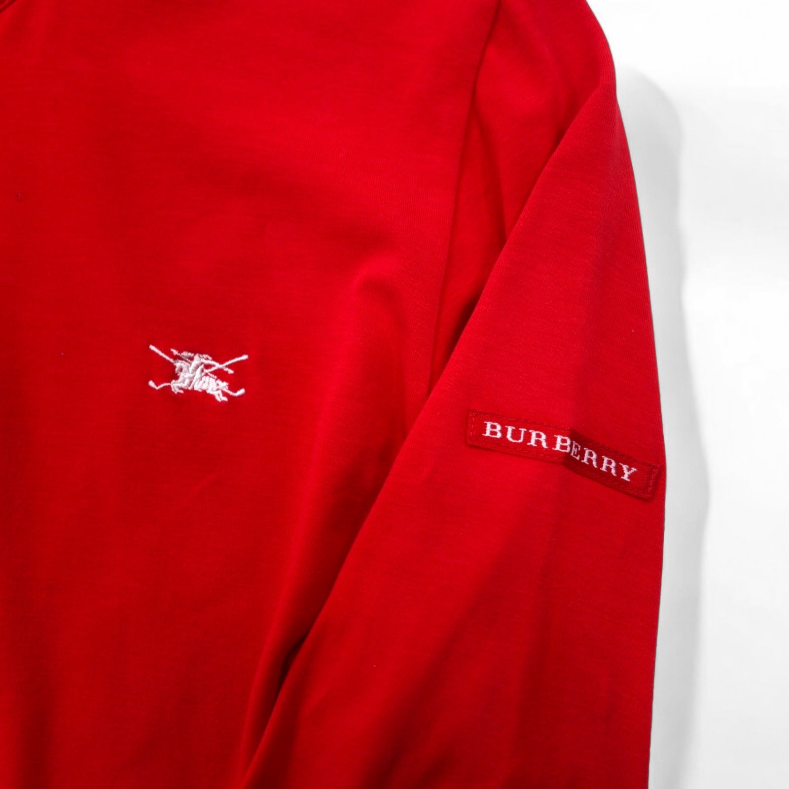 BURBERRY GOLF T-shirt a maniche lunghe con colletto alto e mezza abbottonatura, taglia LL, rossa, in cotone elasticizzato, made in Japan