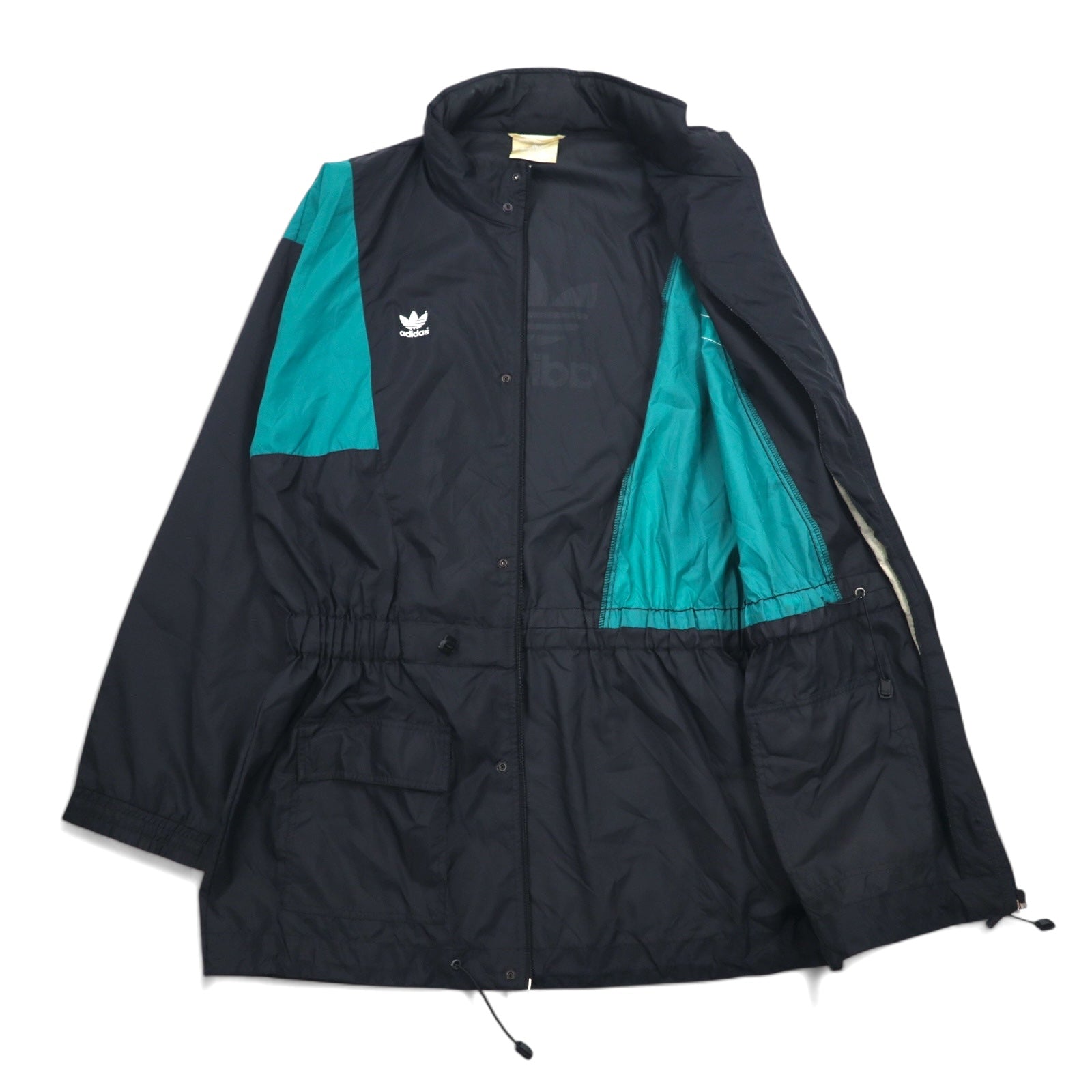 Giacca in nylon Adidas anni '90, taglia XL, colore nero, logo Trifoglio in nylon, coulisse, cappuccio ripiegabile, etichetta argentata