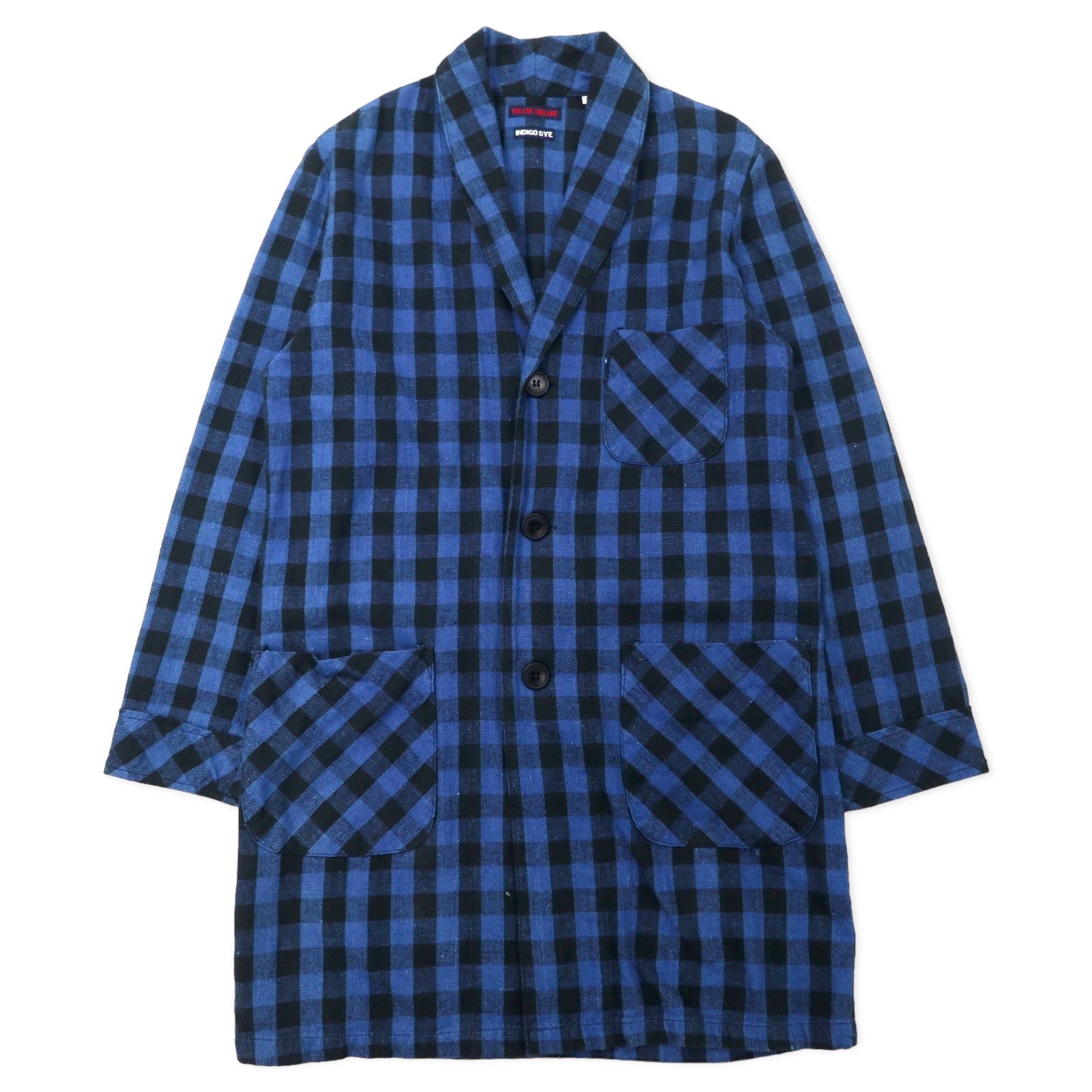 BLUE BLUE Cappotto da camera, chesterfield, soprabito, 2, blu, a quadri, cotone, tinto indaco, made in Japan