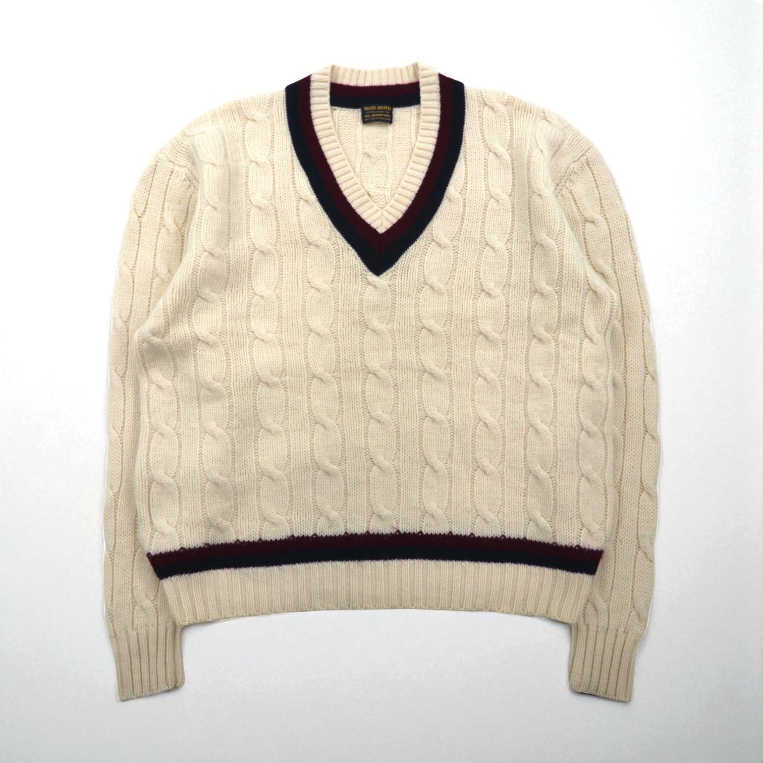 Brooks Brothers 90年代 チルデン ニット Vネック セーター XL オフホワイト メリノウール ケーブル編み