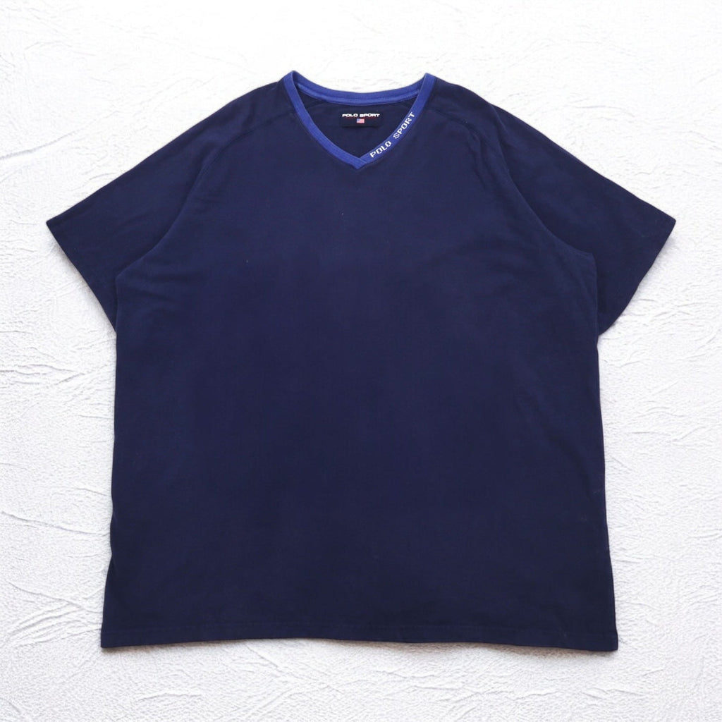 POLO SPORT RALPH LAUREN T-shirt scollo a V sbiadita anni '90 XXL Cotone Blu Navy Oversize