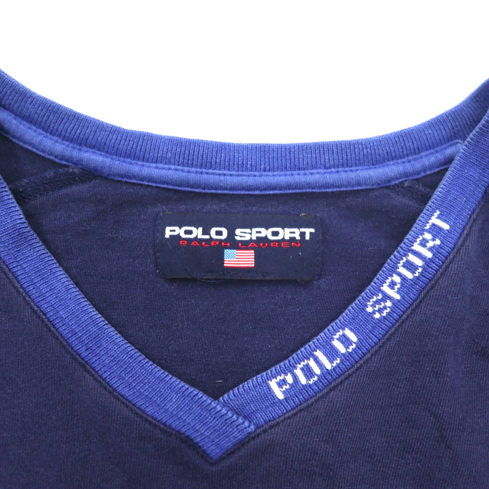 POLO SPORT RALPH LAUREN T-shirt scollo a V sbiadita anni '90 XXL Cotone Blu Navy Oversize
