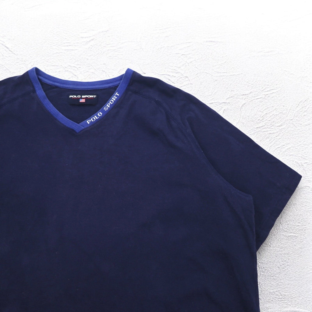 POLO SPORT RALPH LAUREN T-shirt scollo a V sbiadita anni '90 XXL Cotone Blu Navy Oversize