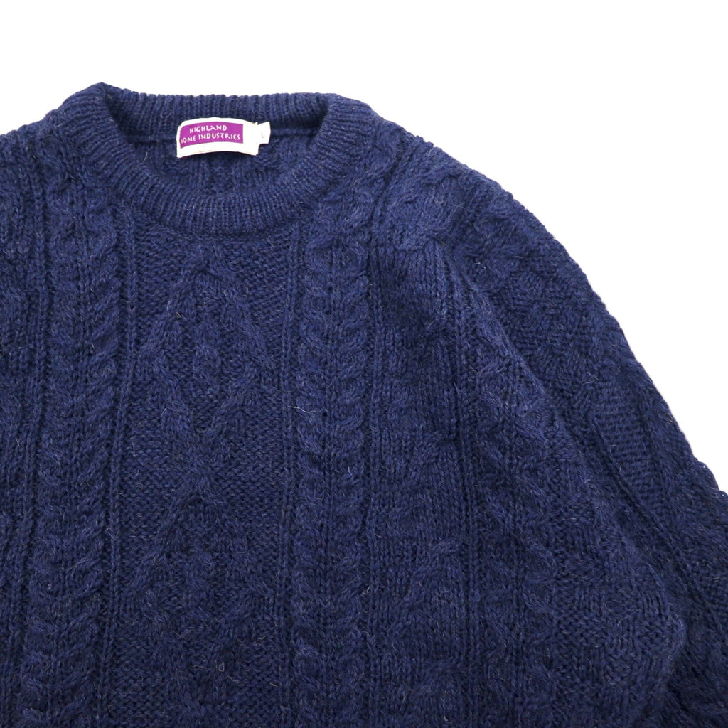 HIGHLAND HOME INDUSTRIES Maglione Aran Fisherman L Blu Navy Lana Made in UK