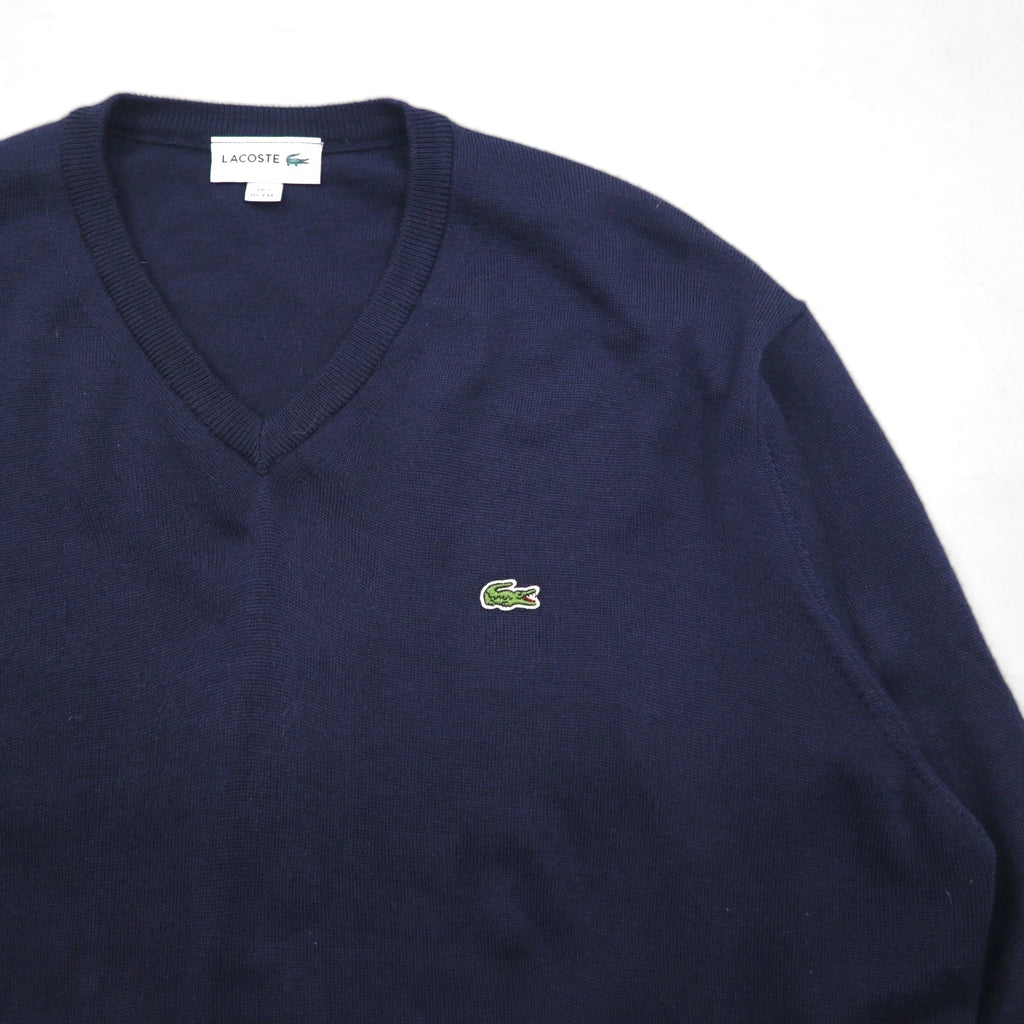 LACOSTE Vネック ニット セーター XL ネイビー ウール ワンポイント 刺繍 F70736