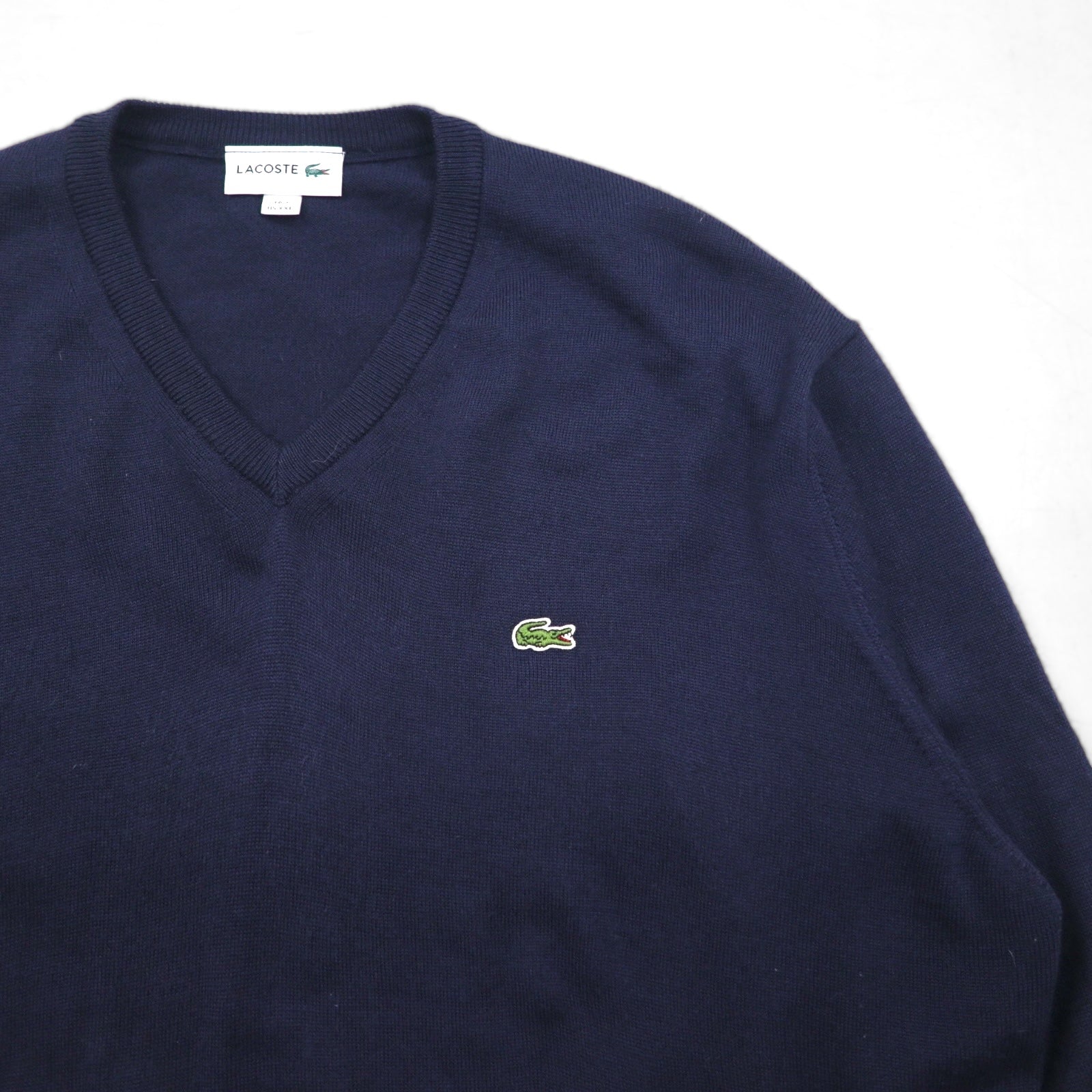 LACOSTE Vネック ニット セーター XL ネイビー ウール ワンポイント 刺繍 F70736