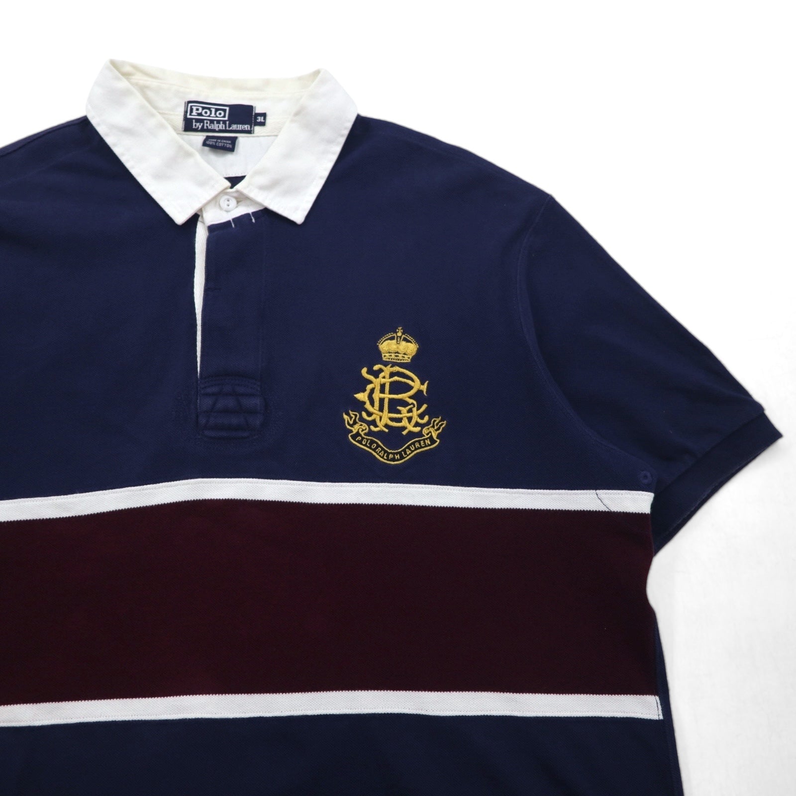 Polo by Ralph Lauren 90年代 ラインデザイン ポロシャツ 3XL ネイビー 鹿の子 エンブレムロゴ刺繍