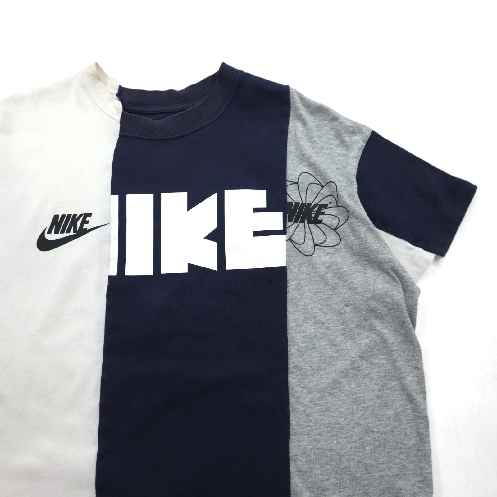 sacai × NIKE T-shirt ricostruita, taglia L, bianco, blu navy, grigio, Windrunner, "Gotsu Nike", cotone