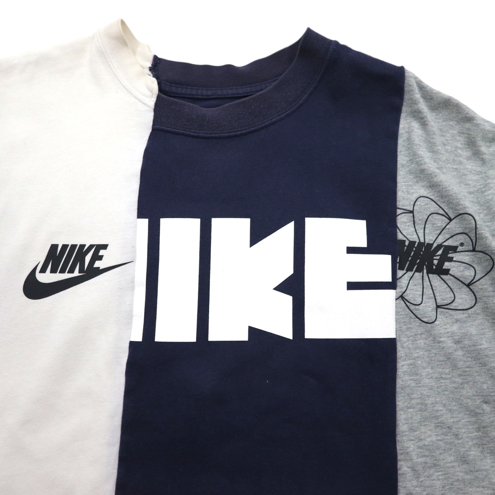 sacai × NIKE T-shirt ricostruita, taglia L, bianco, blu navy, grigio, Windrunner, "Gotsu Nike", cotone