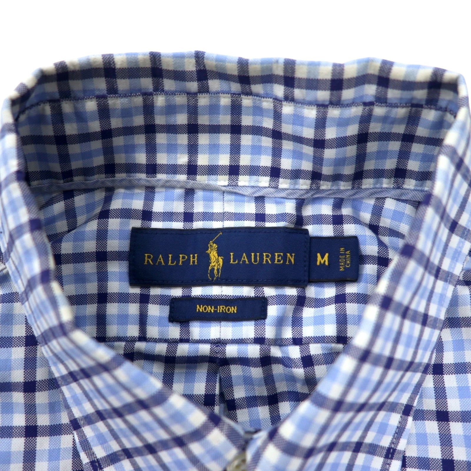 RALPH LAUREN Camicia Button-Down M Blu A Quadri Cotone NON-IRON Ricamo Piccolo Pony