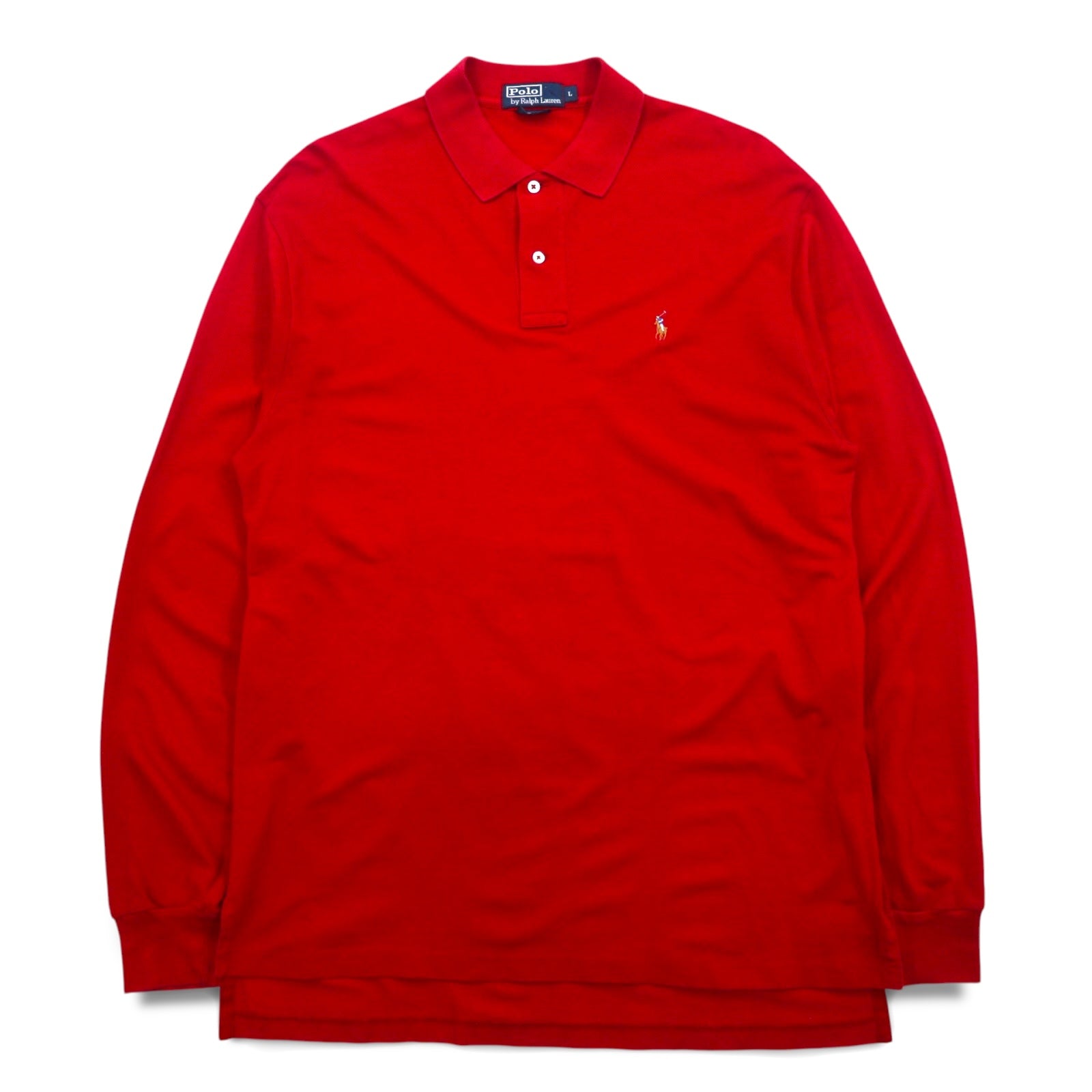 Polo by Ralph Lauren anni '90, polo a maniche lunghe, taglia L, rossa, in pima cotton piqué, con piccolo pony ricamato, made in Perù.