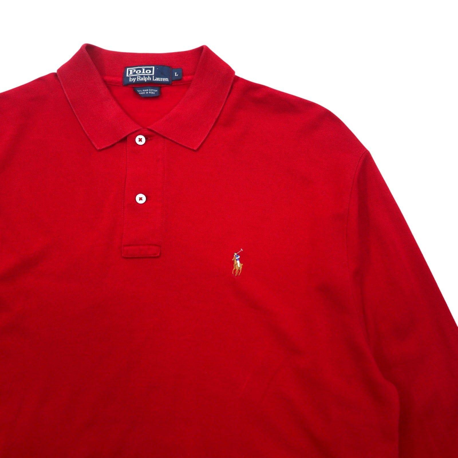 Polo by Ralph Lauren anni '90, polo a maniche lunghe, taglia L, rossa, in pima cotton piqué, con piccolo pony ricamato, made in Perù.