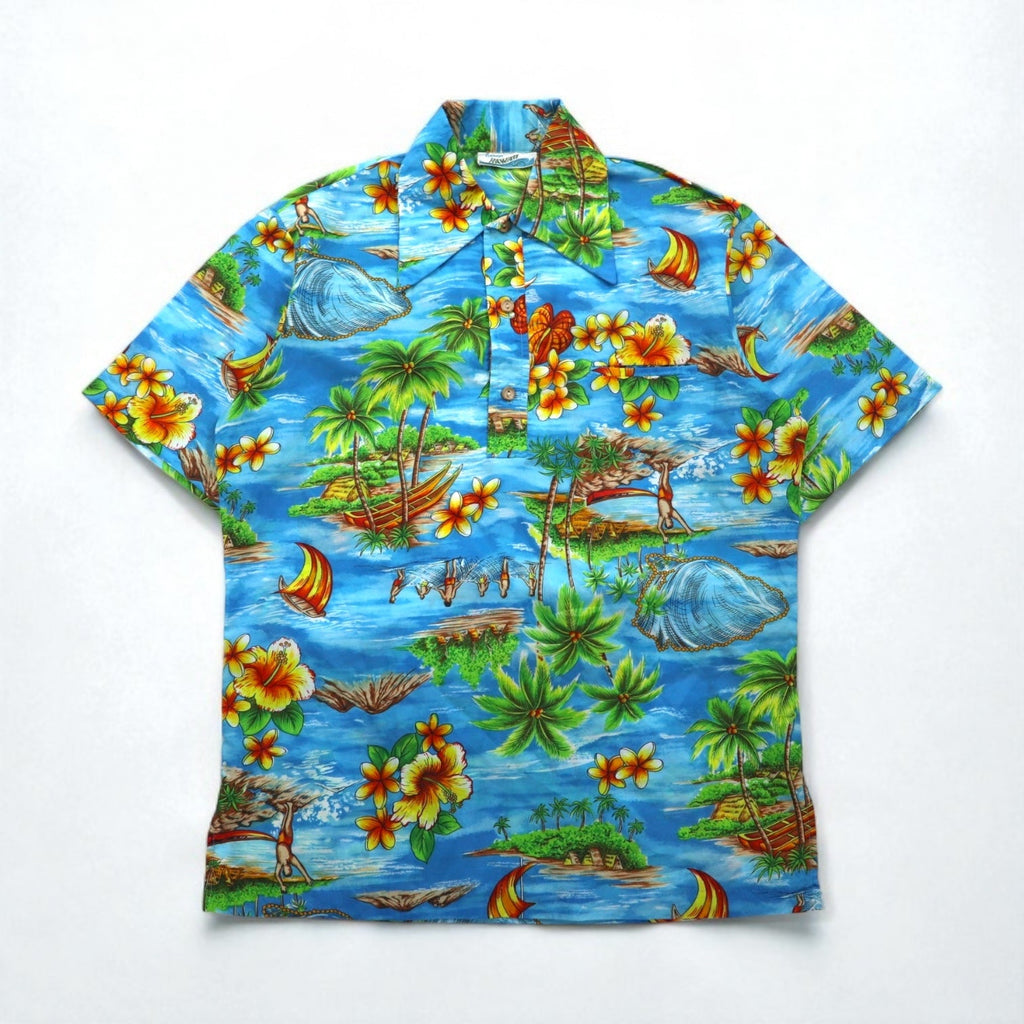 Pennys HAWAII 70年代 プルオーバー アロハシャツ L ブルー ポリエステル 襟芯 総柄 ビーチ