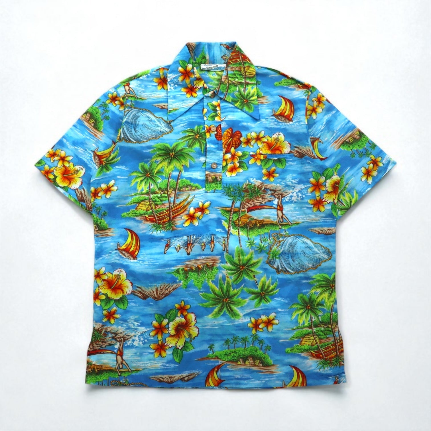 Pennys HAWAII anni '70 pullover Aloha shirt L blu poliestere rinforzo colletto fantasia spiaggia