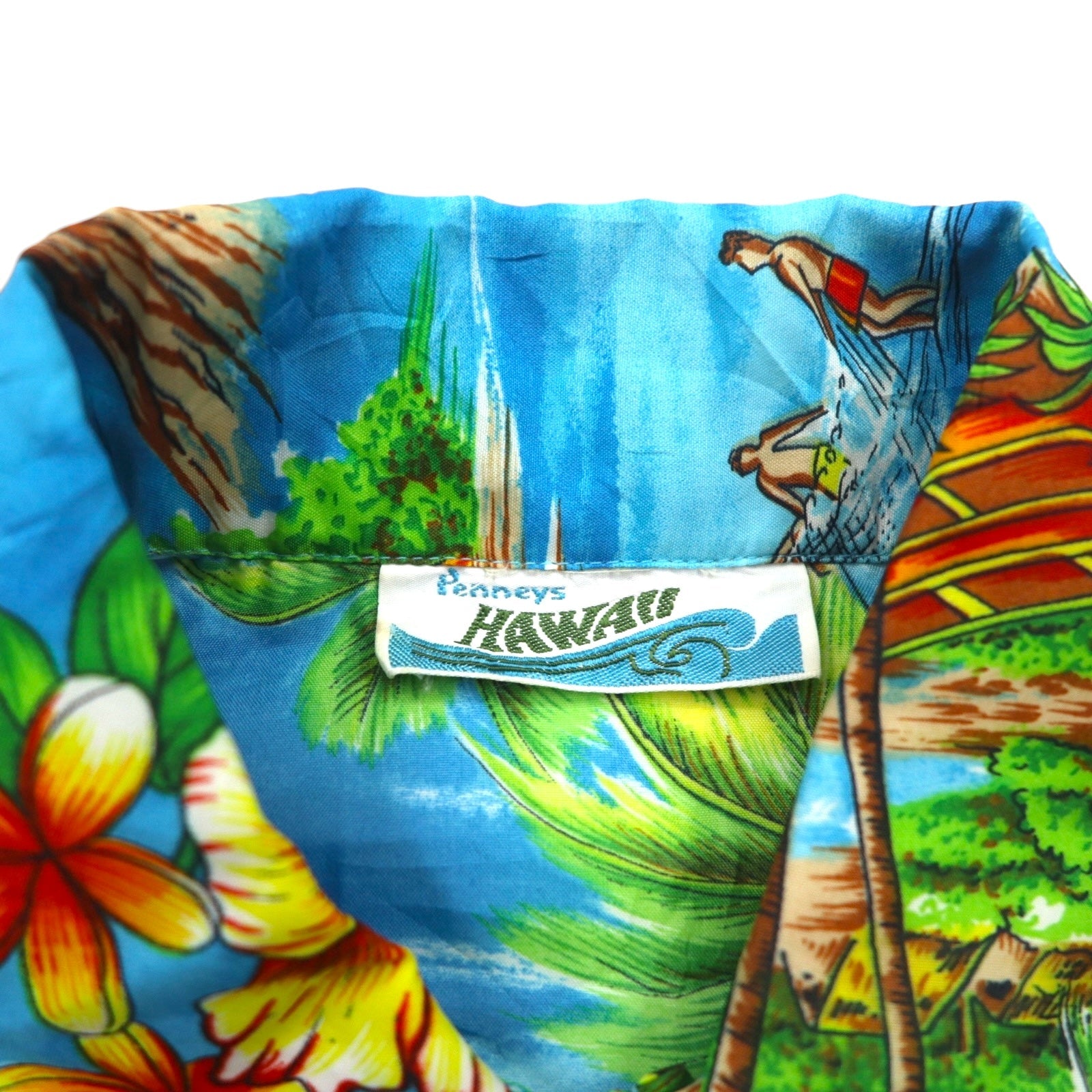 Pennys HAWAII anni '70 pullover Aloha shirt L blu poliestere rinforzo colletto fantasia spiaggia