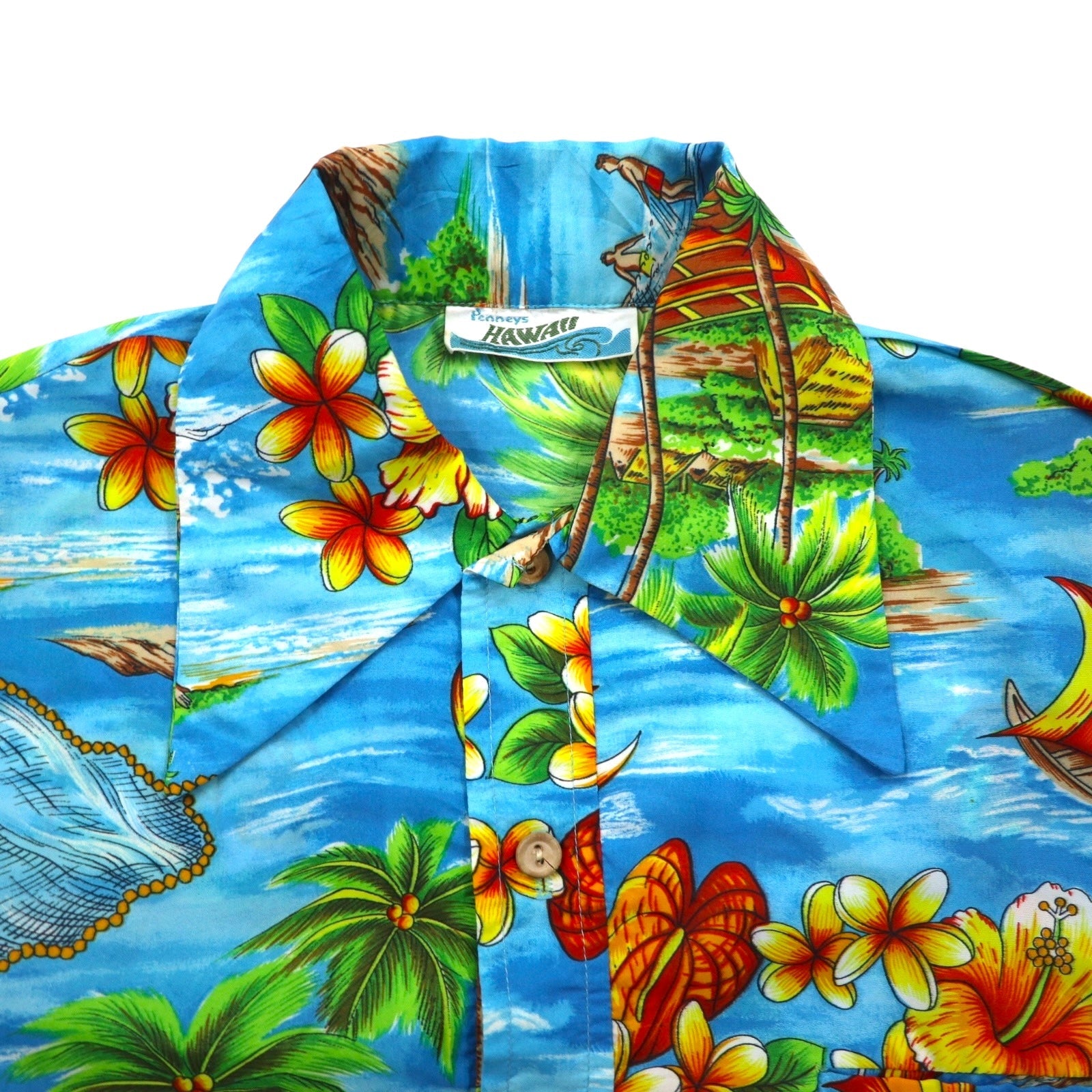 Pennys HAWAII anni '70 pullover Aloha shirt L blu poliestere rinforzo colletto fantasia spiaggia