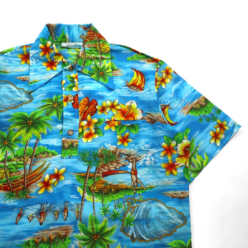 Pennys HAWAII 70年代 プルオーバー アロハシャツ L ブルー ポリエステル 襟芯 総柄 ビーチ