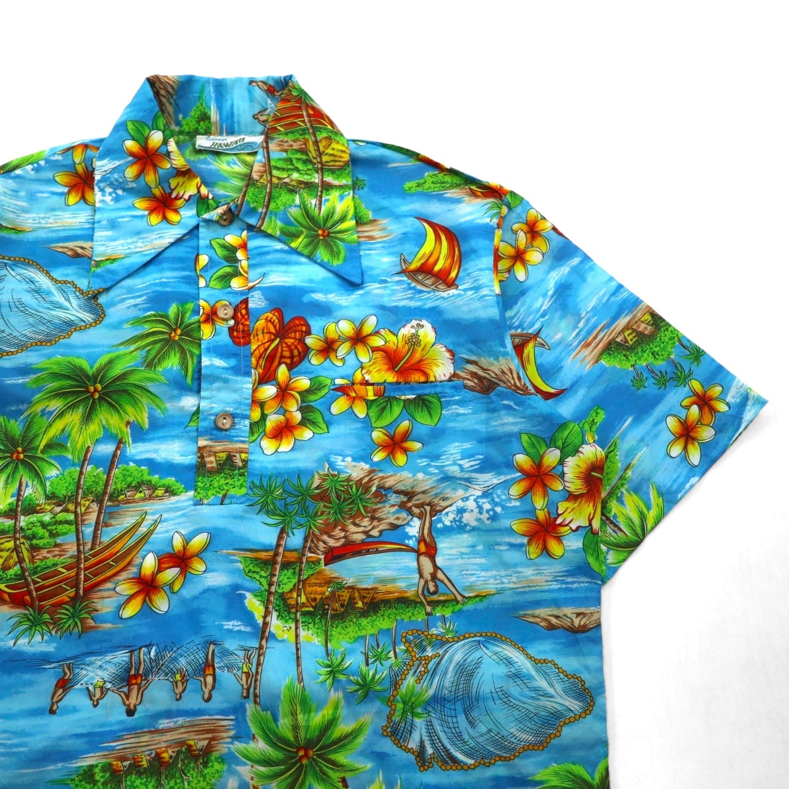 Pennys HAWAII anni '70 pullover Aloha shirt L blu poliestere rinforzo colletto fantasia spiaggia
