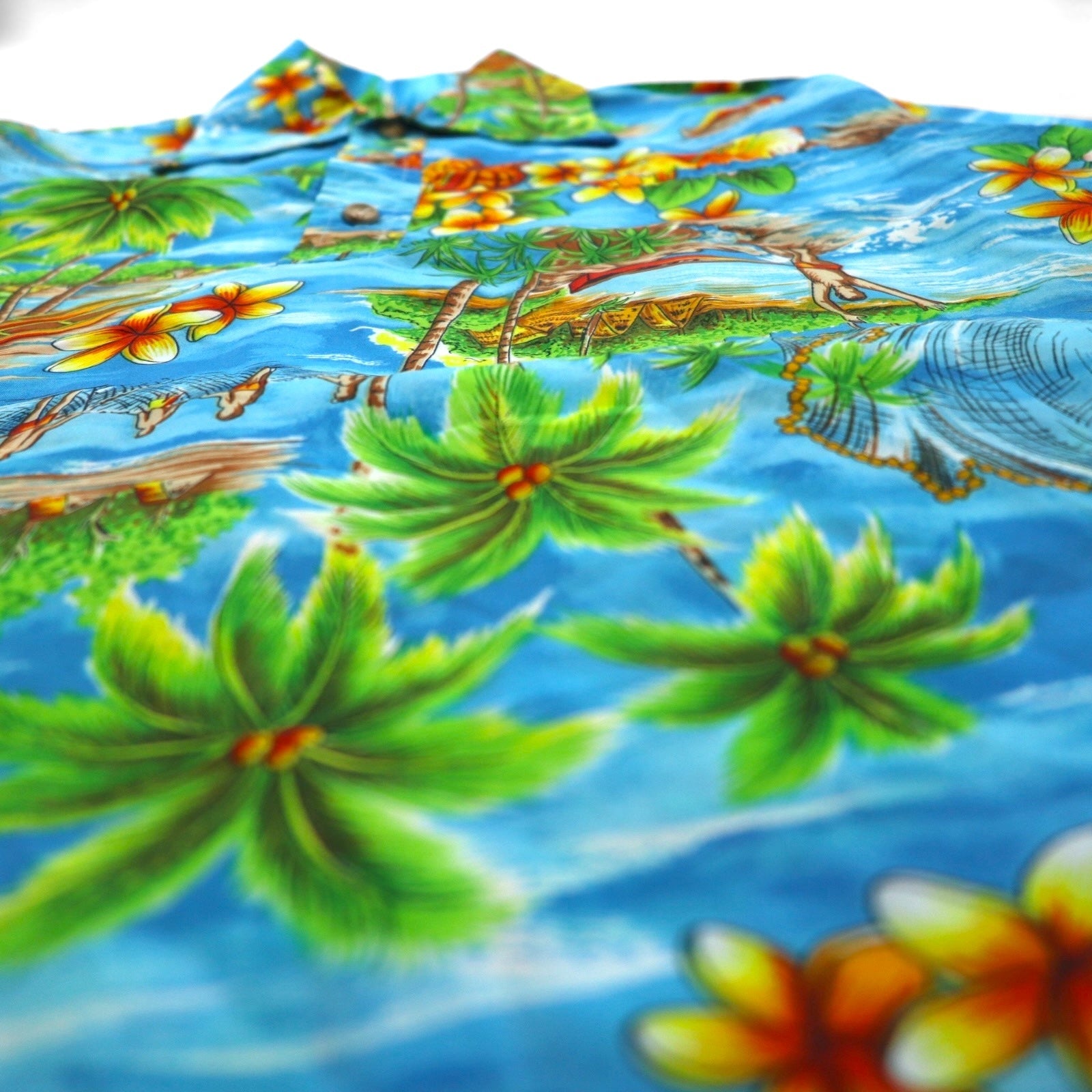 Pennys HAWAII anni '70 pullover Aloha shirt L blu poliestere rinforzo colletto fantasia spiaggia