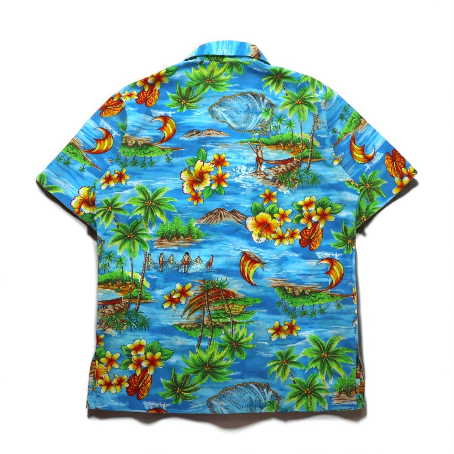 Pennys HAWAII anni '70 pullover Aloha shirt L blu poliestere rinforzo colletto fantasia spiaggia