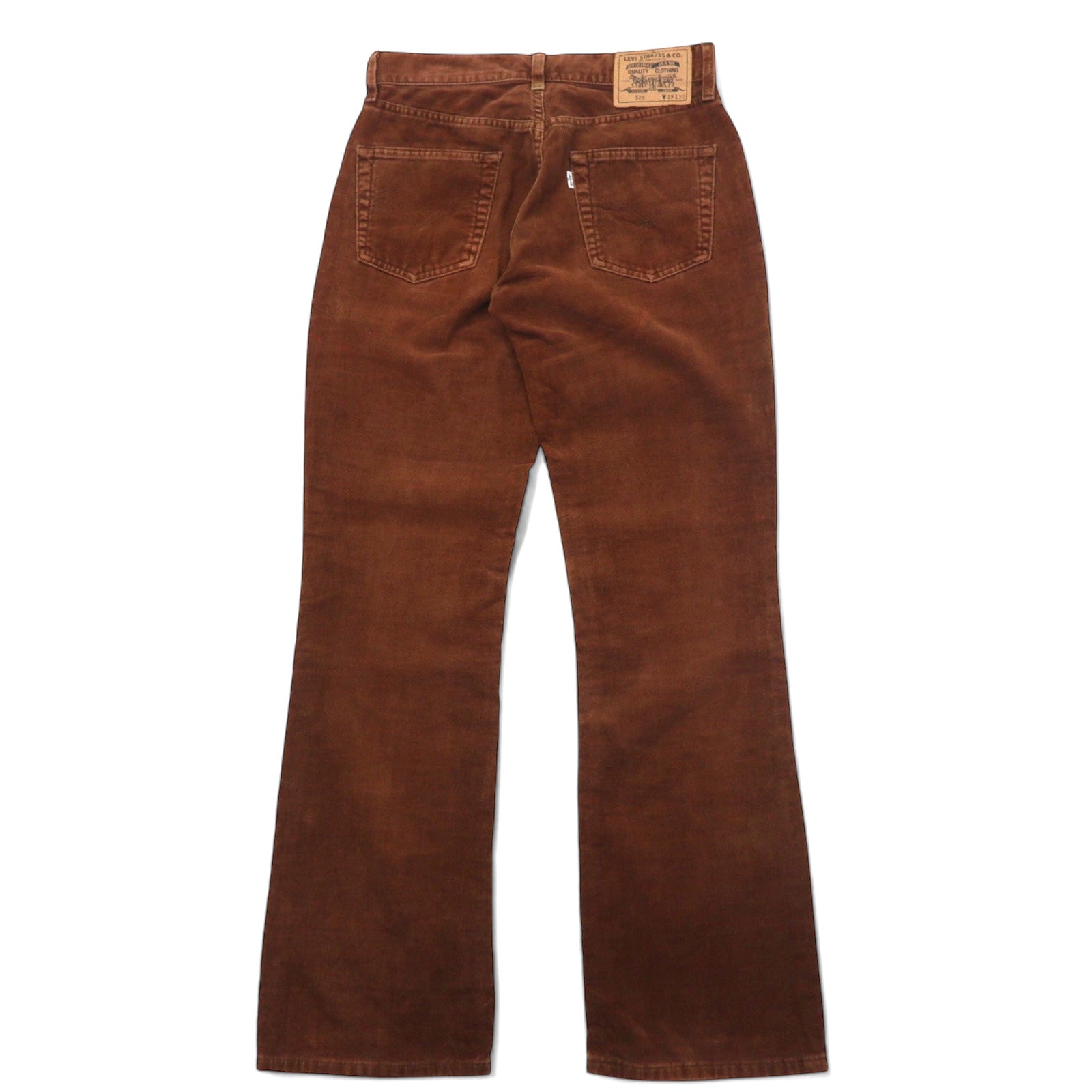Levi's Made in Italy anni '90, pantaloni bootcut svasati in velluto, taglia 29, marroni, in cotone, etichetta bianca, small "e", chiusura con cerniera, bottone interno I13 525-6328