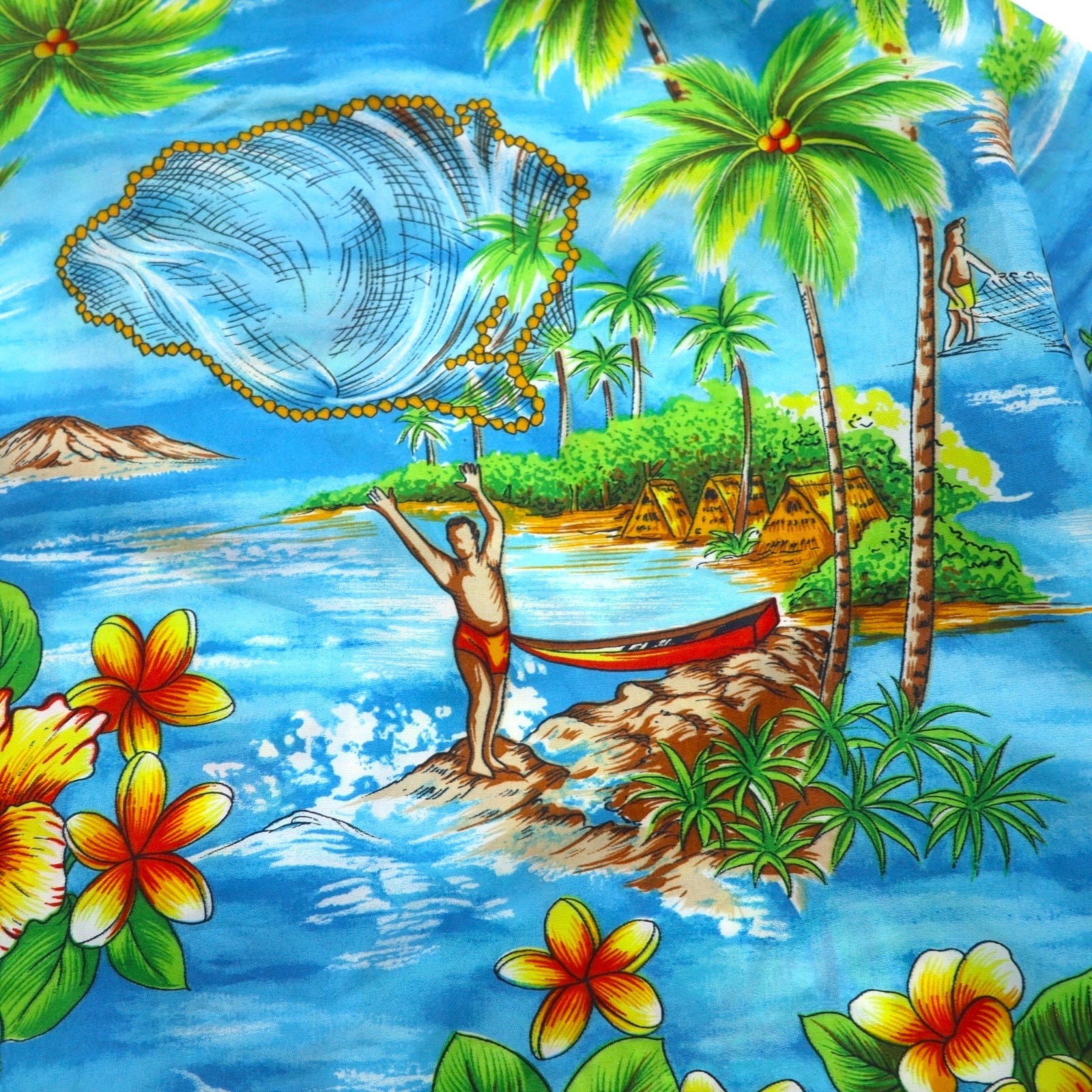 Pennys HAWAII anni '70 pullover Aloha shirt L blu poliestere rinforzo colletto fantasia spiaggia